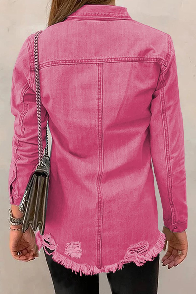 Distressed Raw Hem Snap Down Denim Jacket - Outerwear