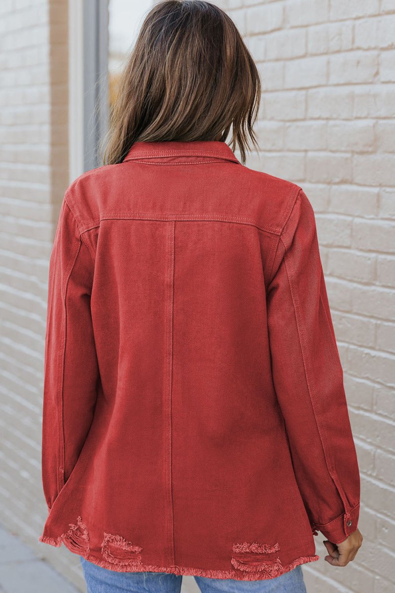 Distressed Raw Hem Snap Down Denim Jacket - Outerwear