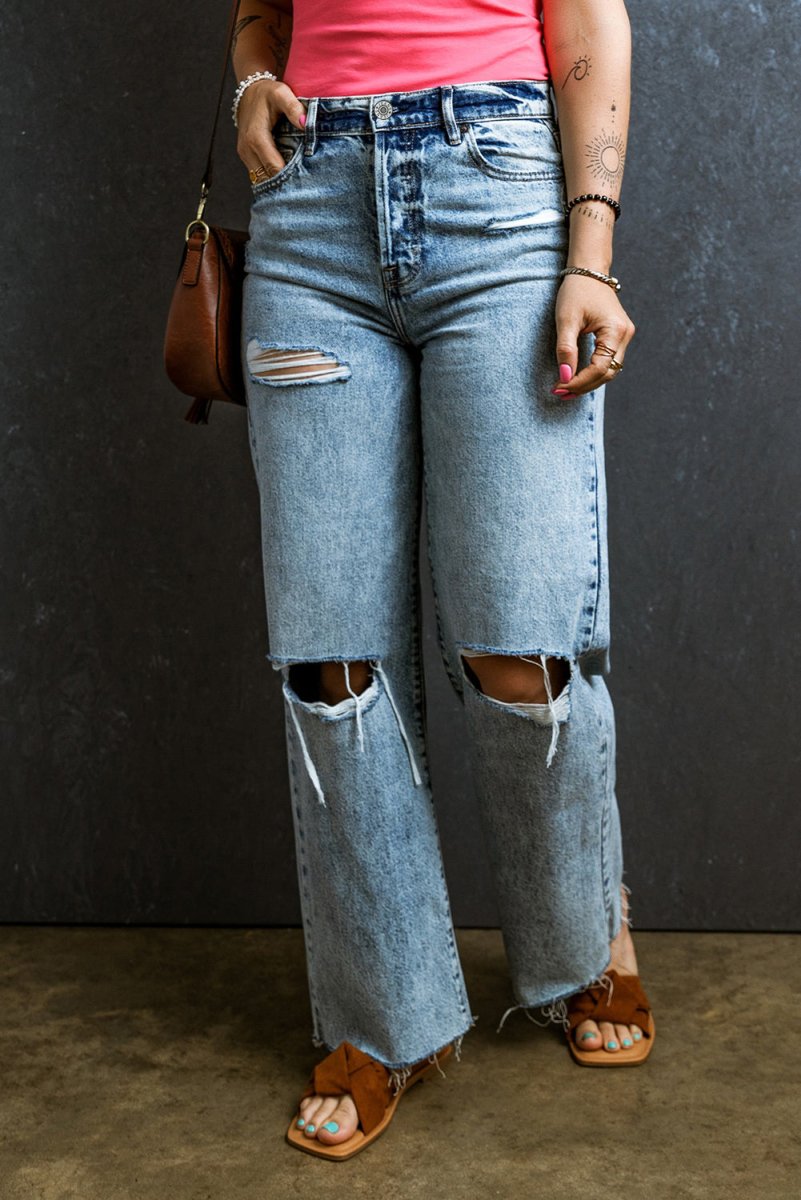 Distressed Raw Hem Straight Jeans - Bottoms