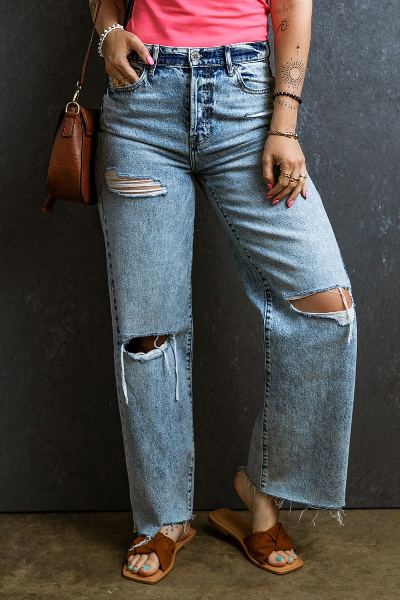 Distressed Raw Hem Straight Jeans - Bottoms