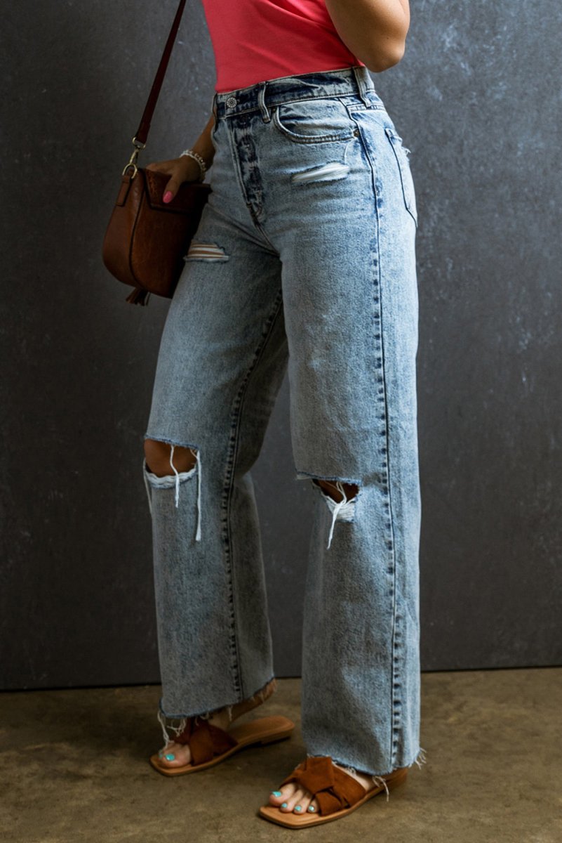 Distressed Raw Hem Straight Jeans - Bottoms