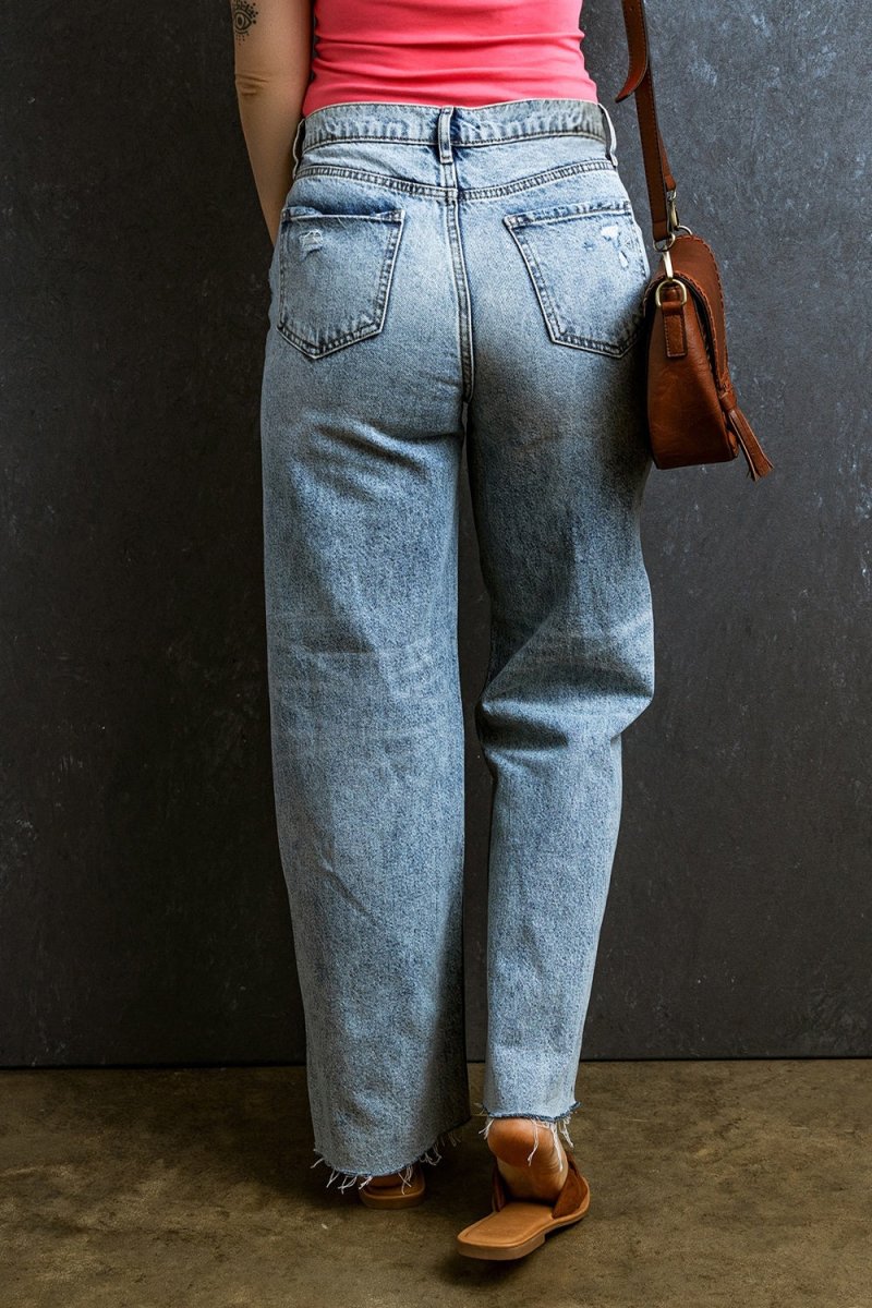 Distressed Raw Hem Straight Jeans - Bottoms