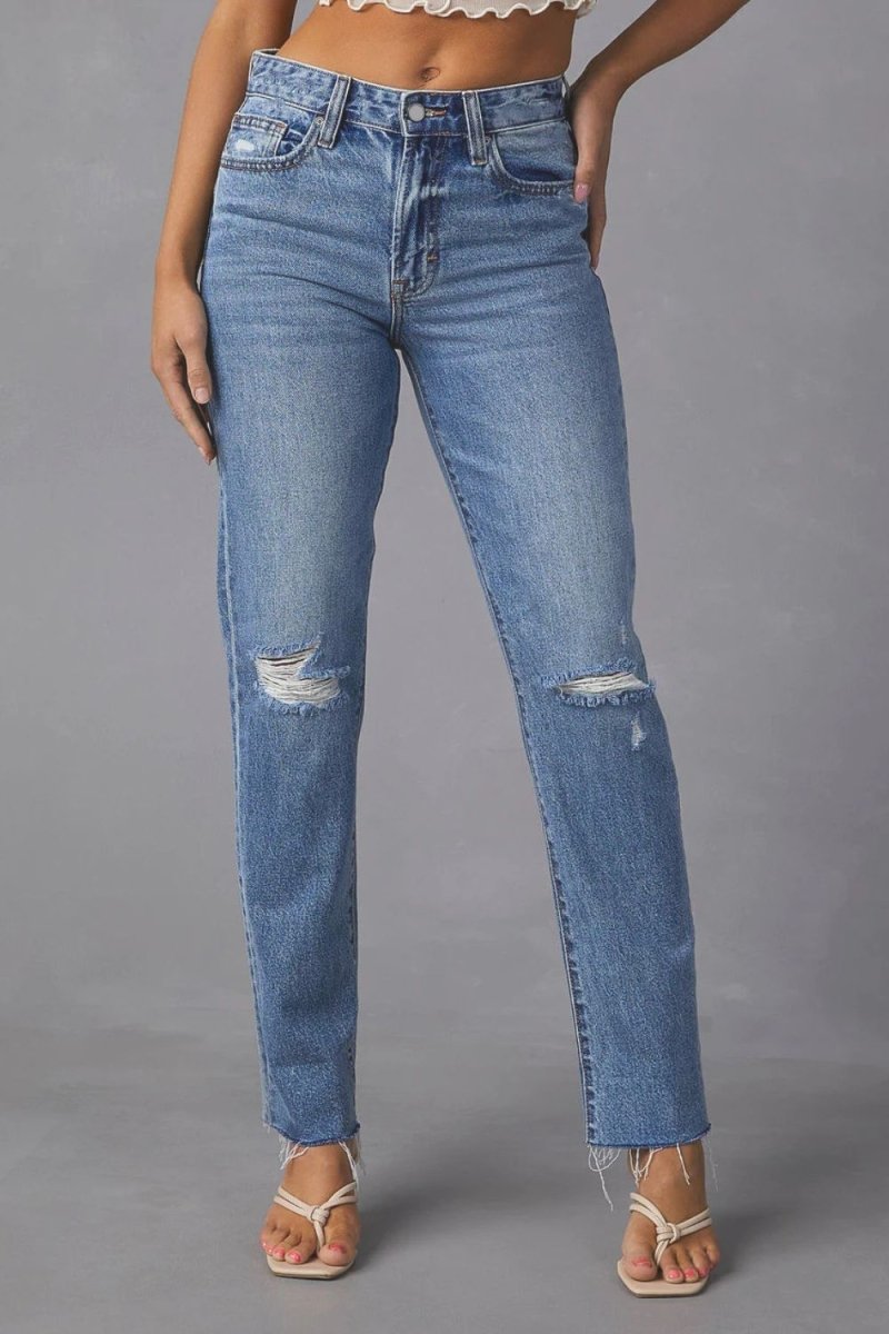 Distressed Raw Hem Straight Jeans with Pockets - Bottoms