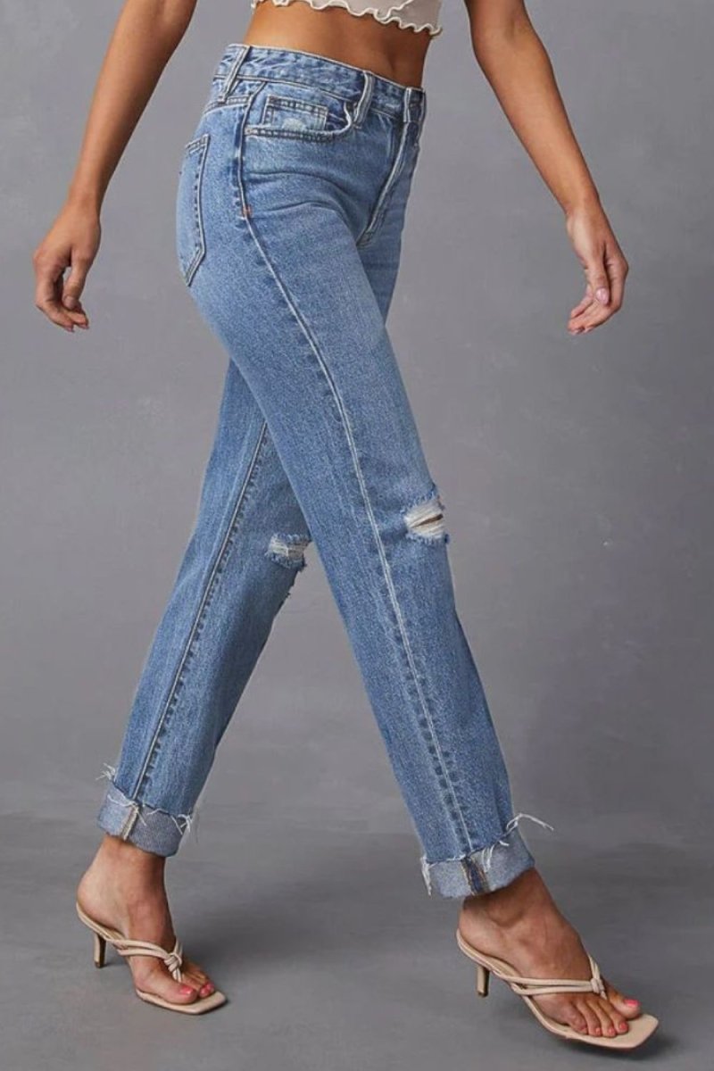 Distressed Raw Hem Straight Jeans with Pockets - Bottoms
