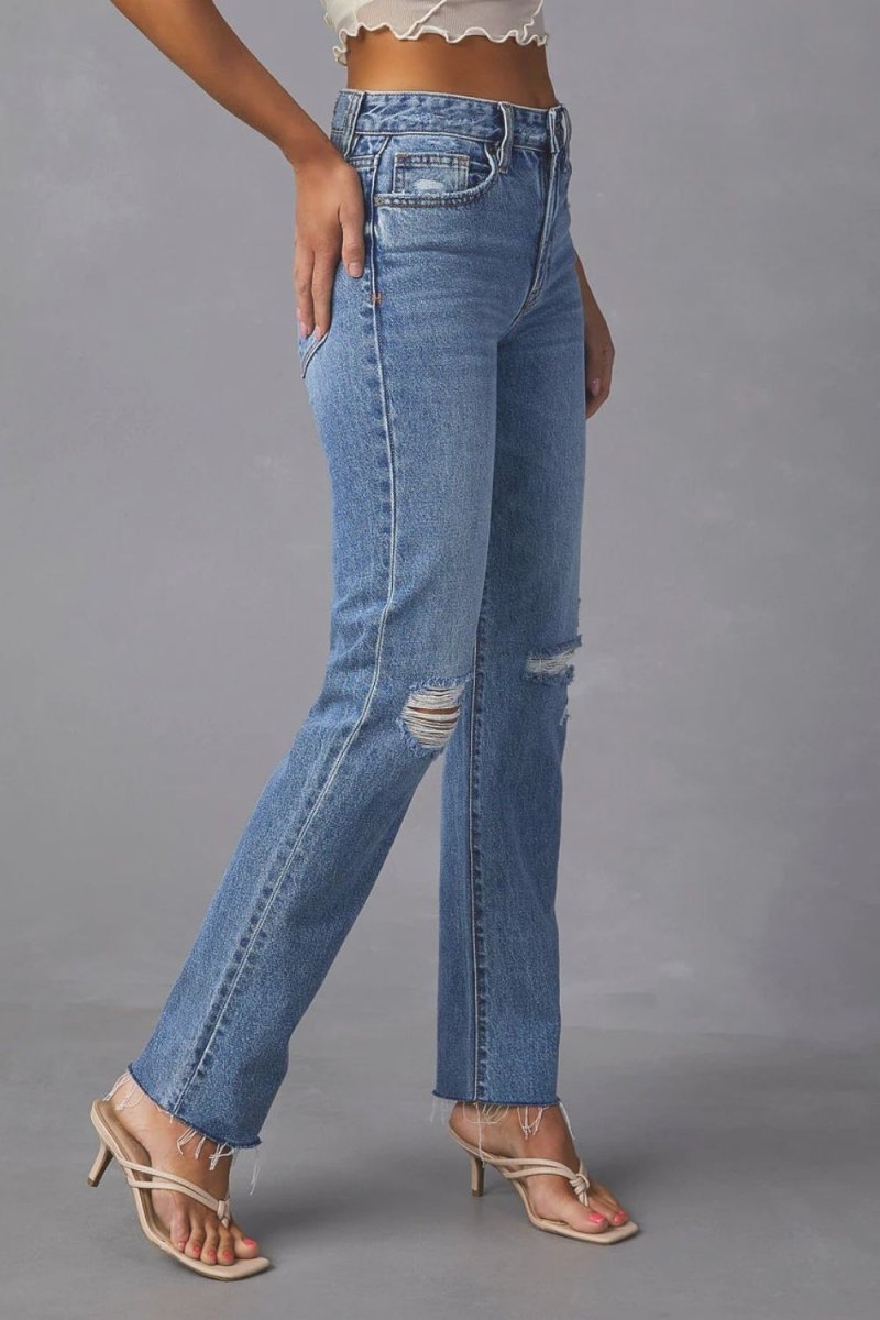 Distressed Raw Hem Straight Jeans with Pockets - Bottoms