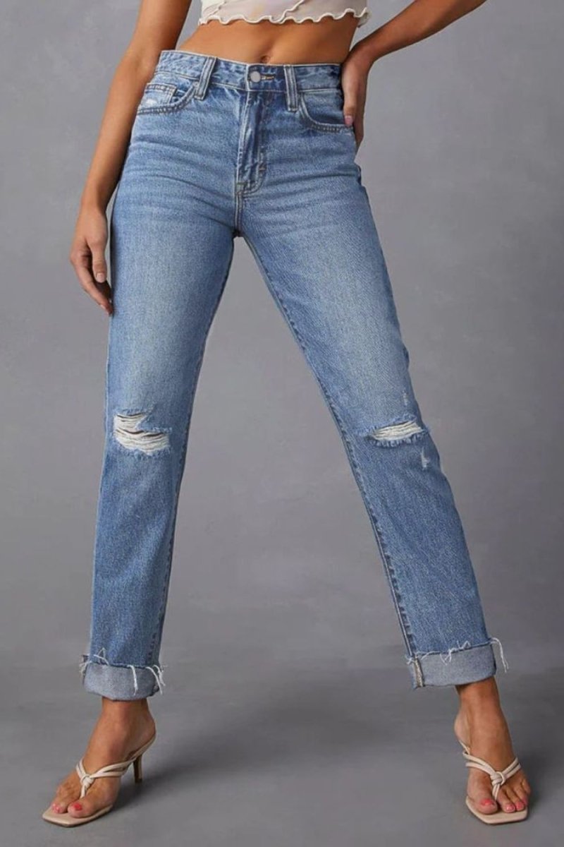 Distressed Raw Hem Straight Jeans with Pockets - Bottoms