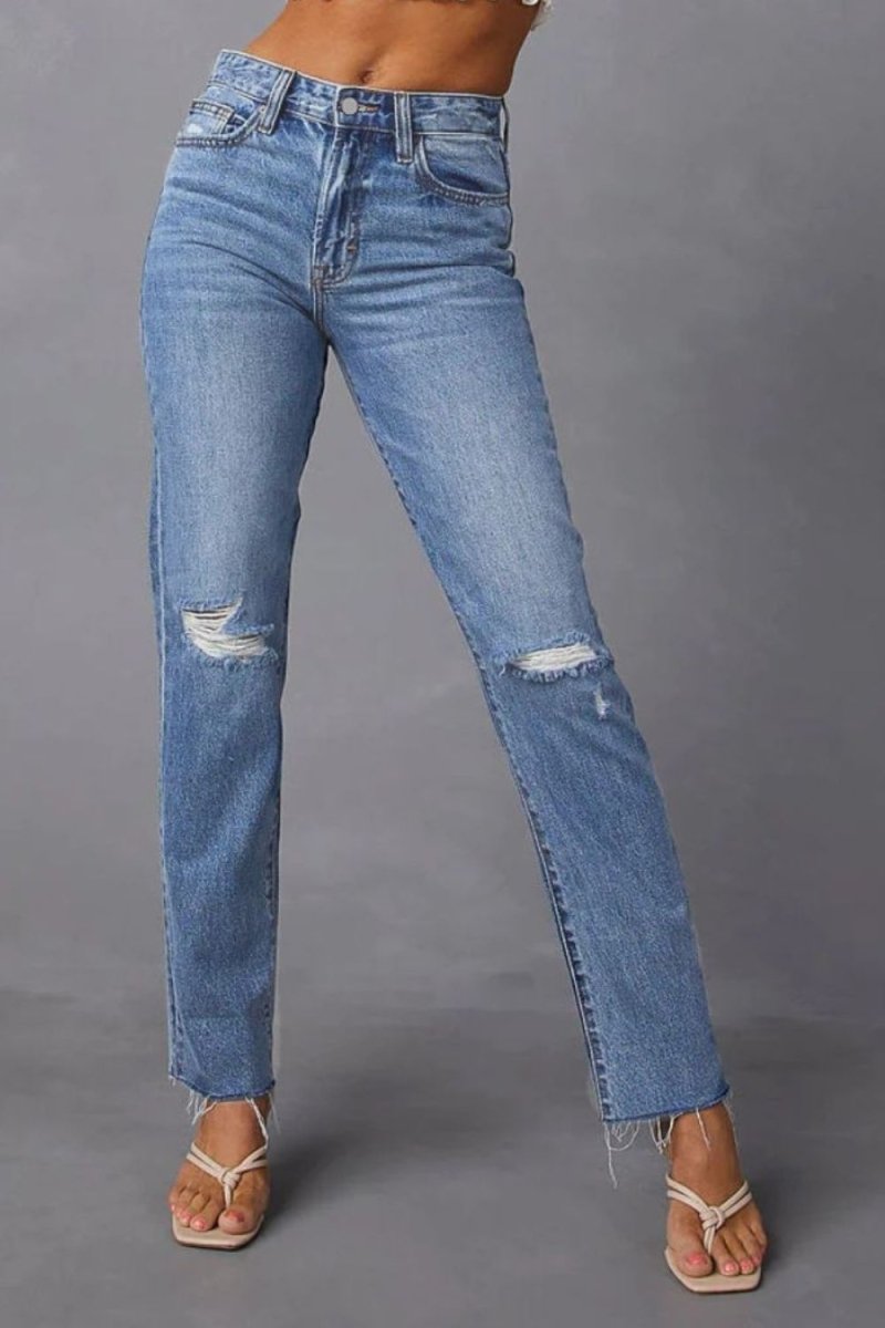 Distressed Raw Hem Straight Jeans with Pockets - Bottoms