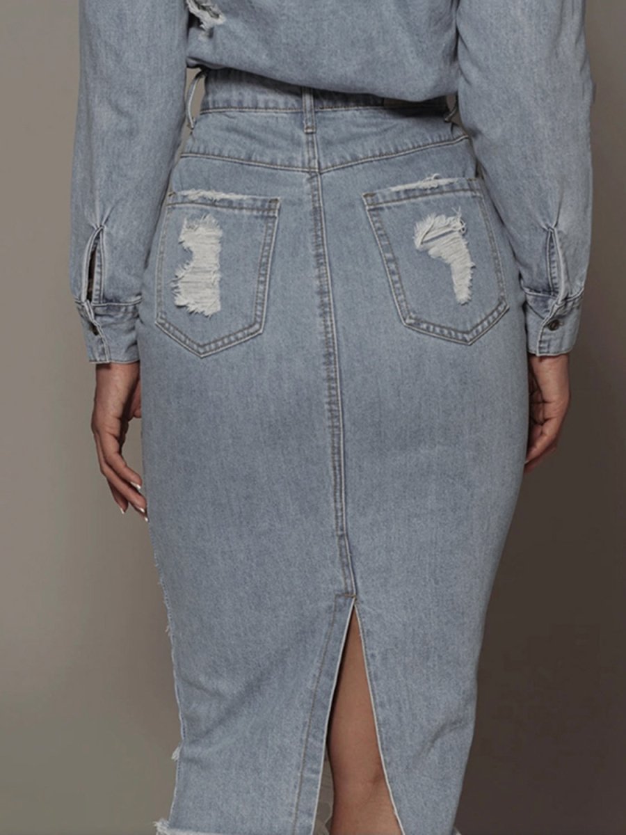 Distressed Slit Denim Skirt - Bottoms
