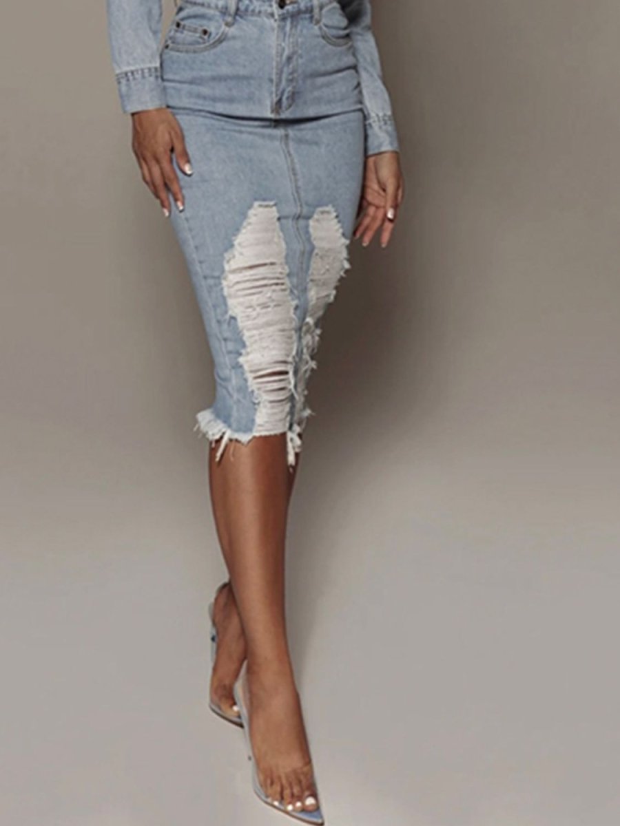 Distressed Slit Denim Skirt - Bottoms