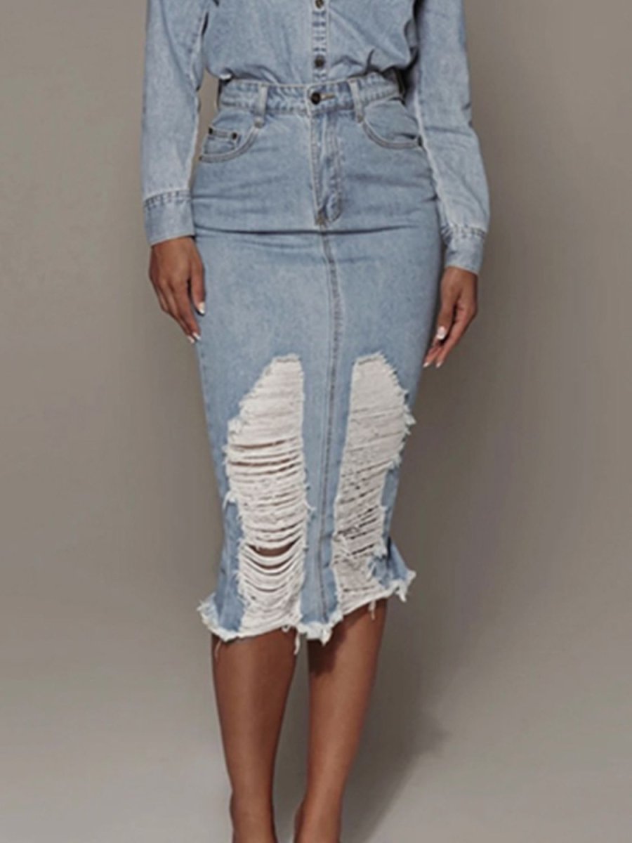 Distressed Slit Denim Skirt - Bottoms