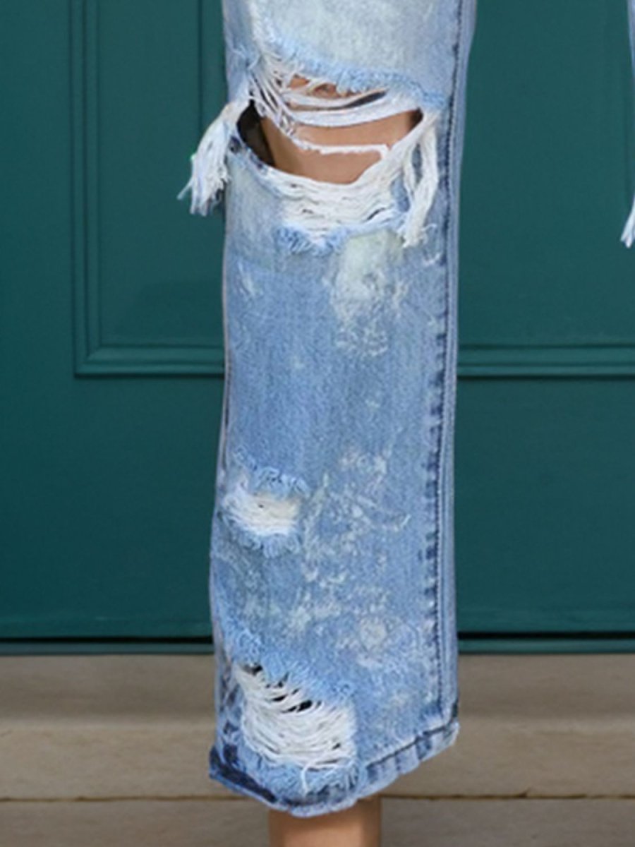 Distressed Straight Jeans with Pockets - Bottoms