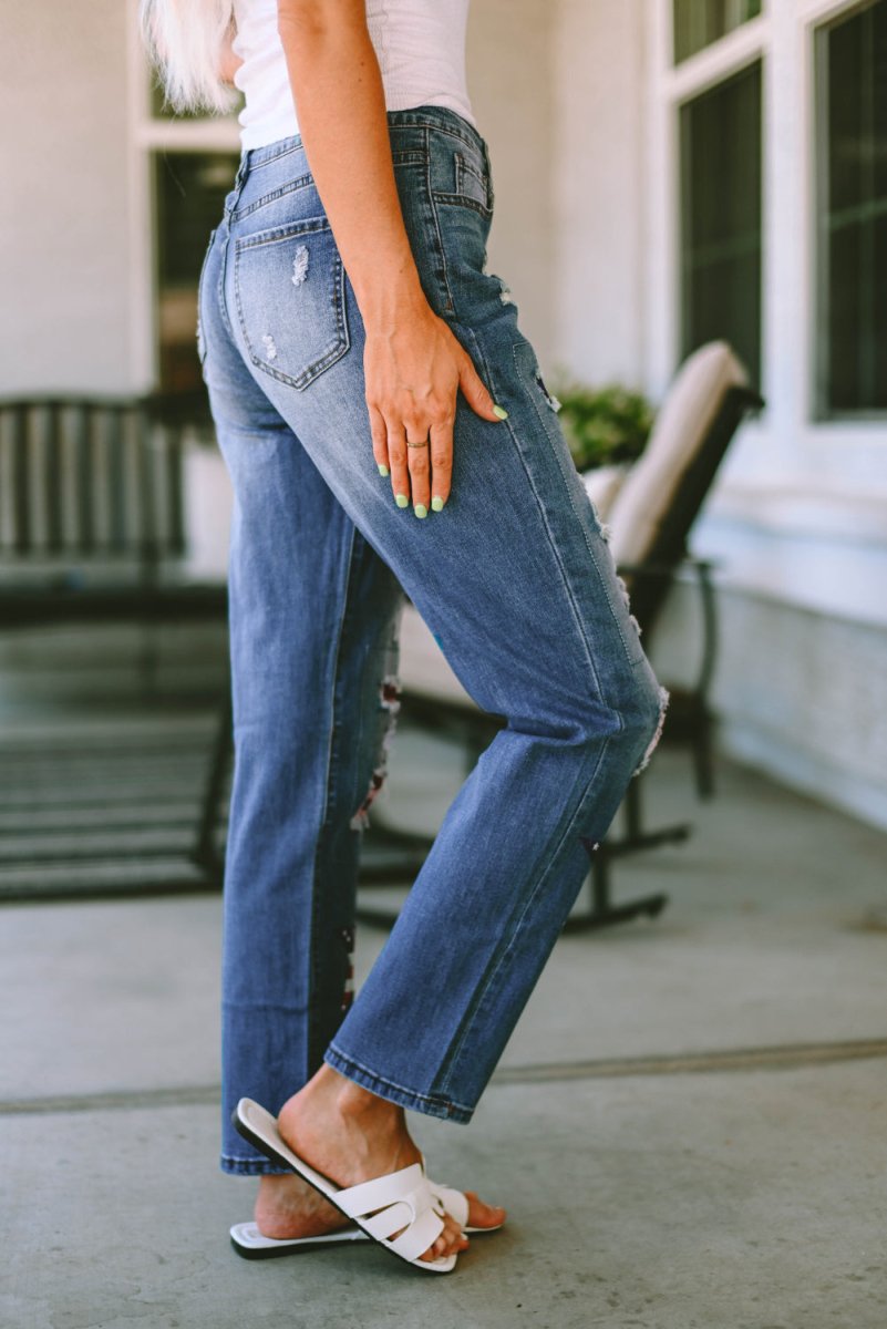 Distressed Straight Jeans with Pockets - Bottoms