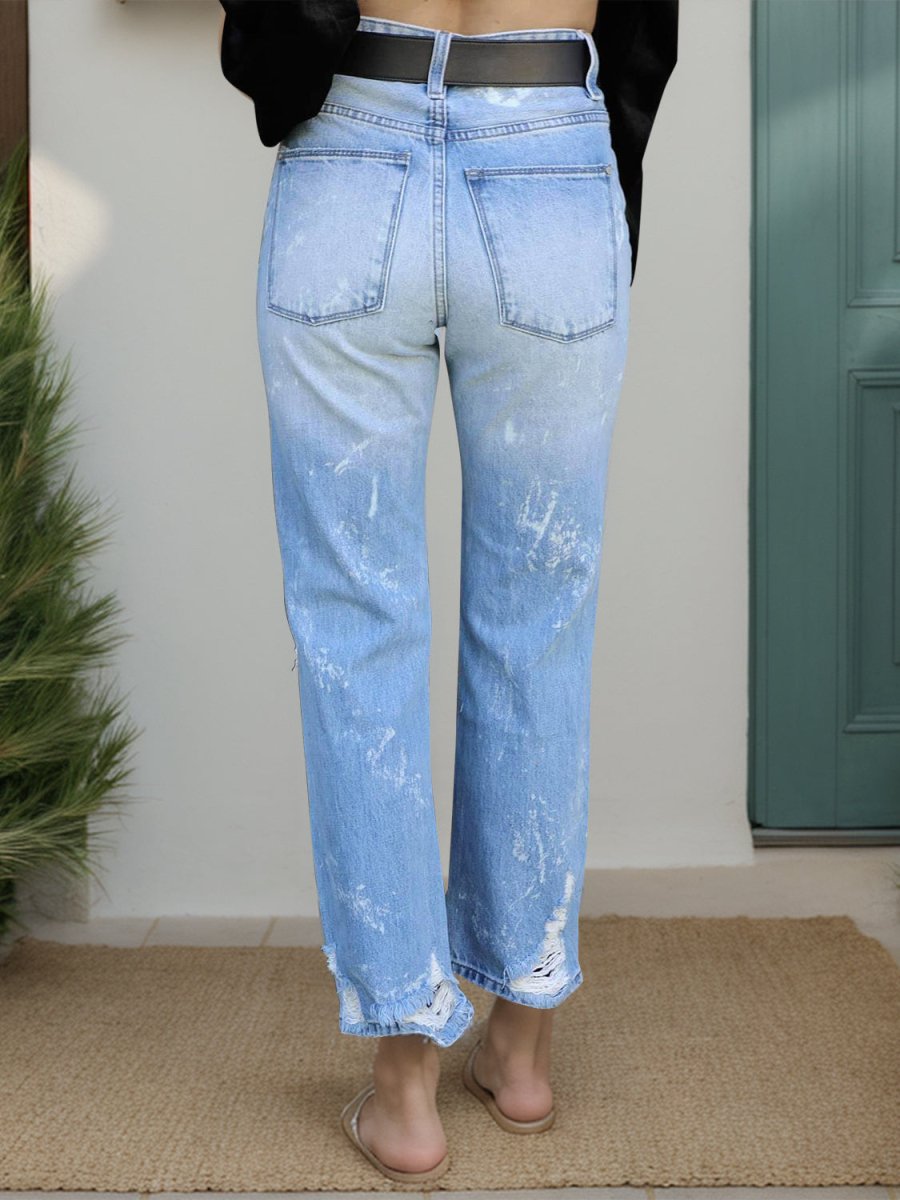 Distressed Straight Jeans with Pockets - Bottoms