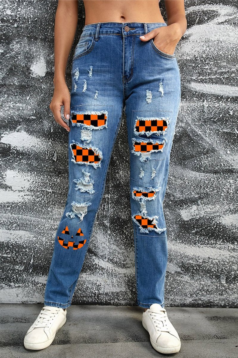 Distressed Straight Jeans with Pockets - Bottoms