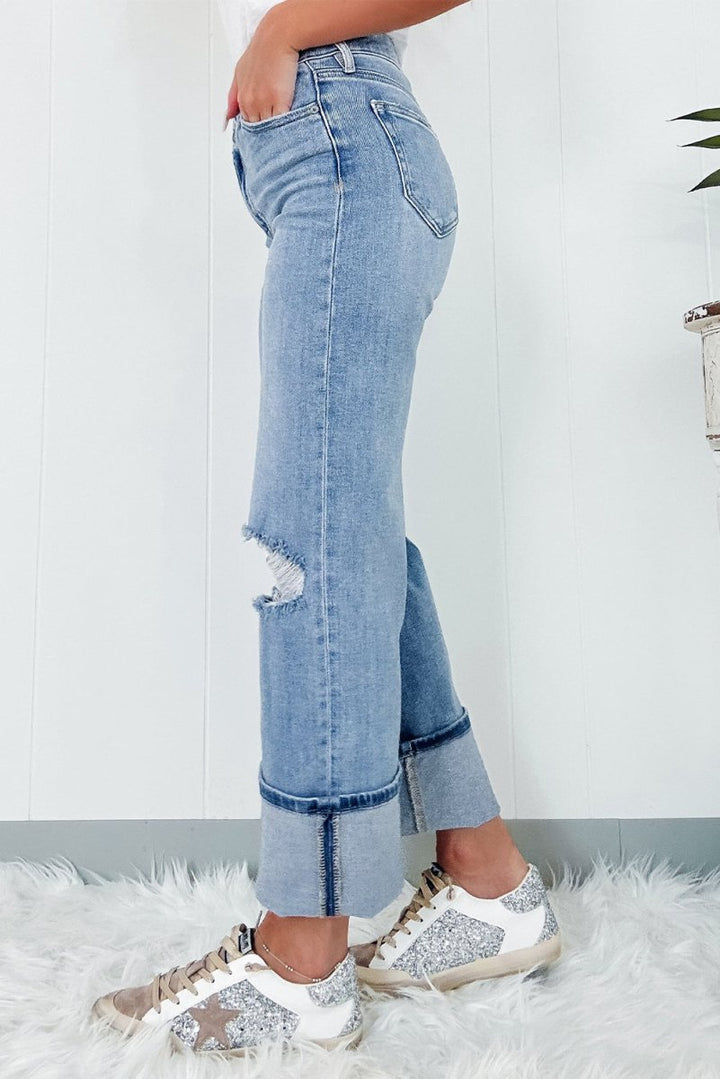 Distressed Straight Jeans with Pockets - Bottoms