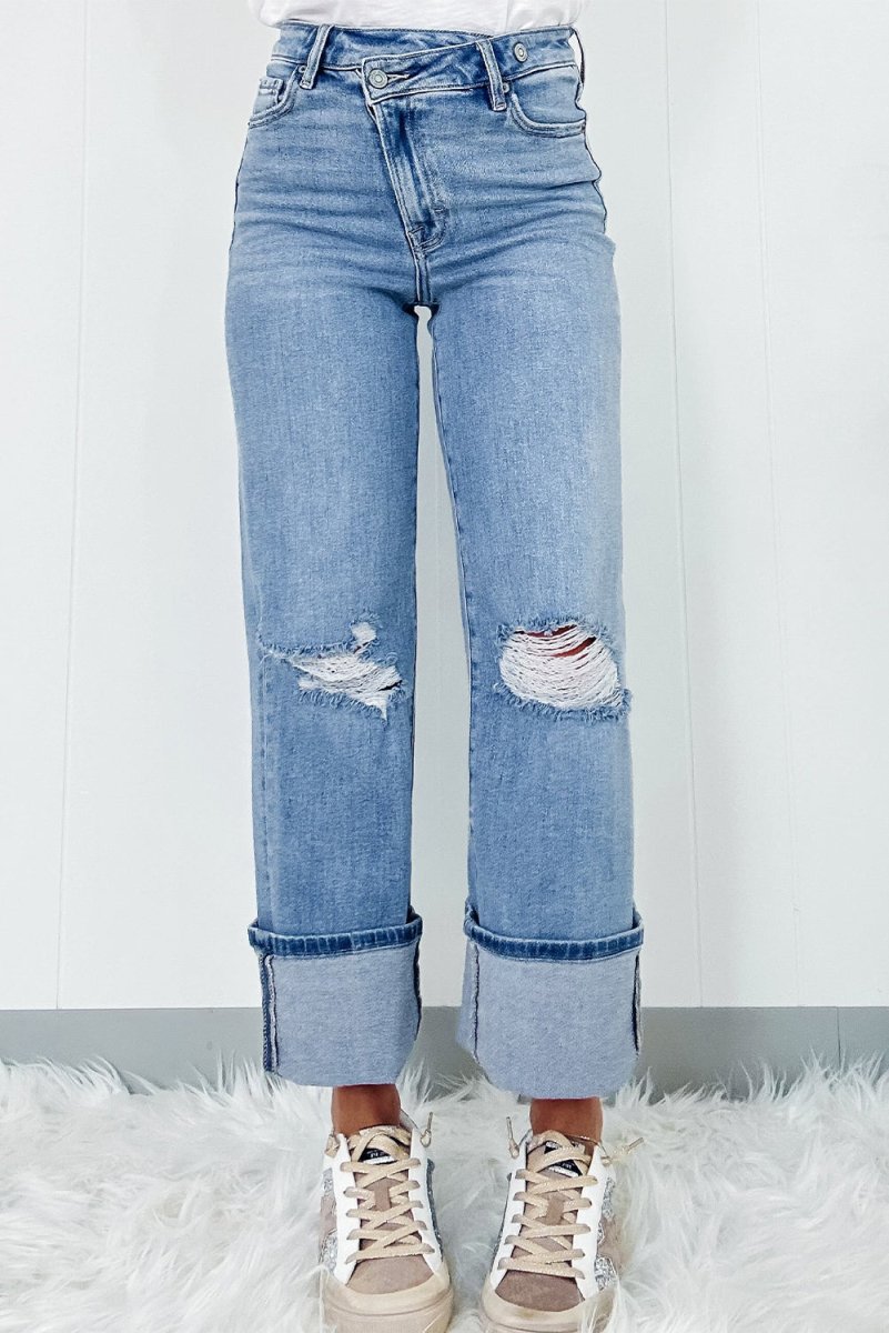 Distressed Straight Jeans with Pockets - Bottoms
