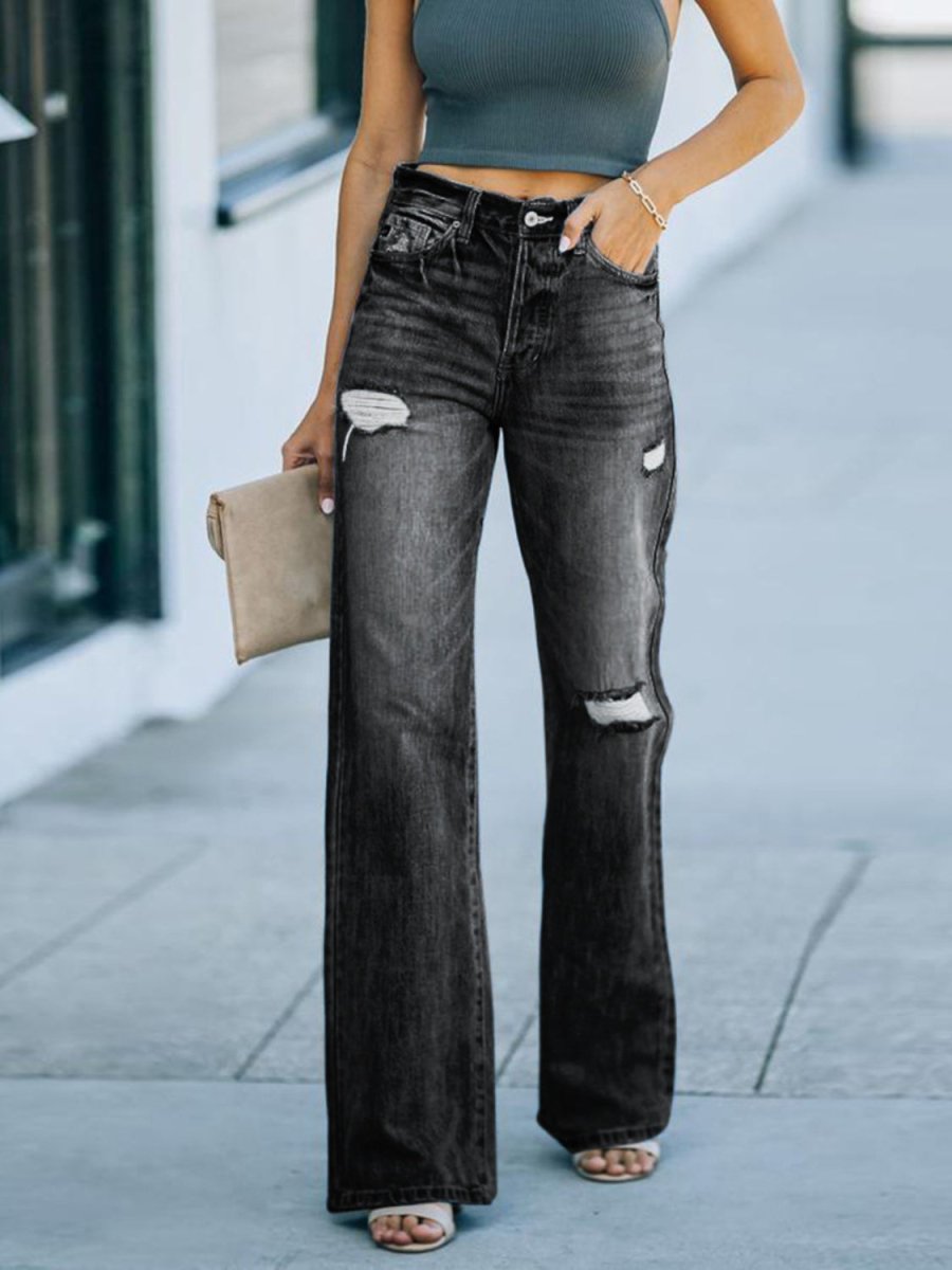 Distressed Straight Leg Jeans - Bottoms