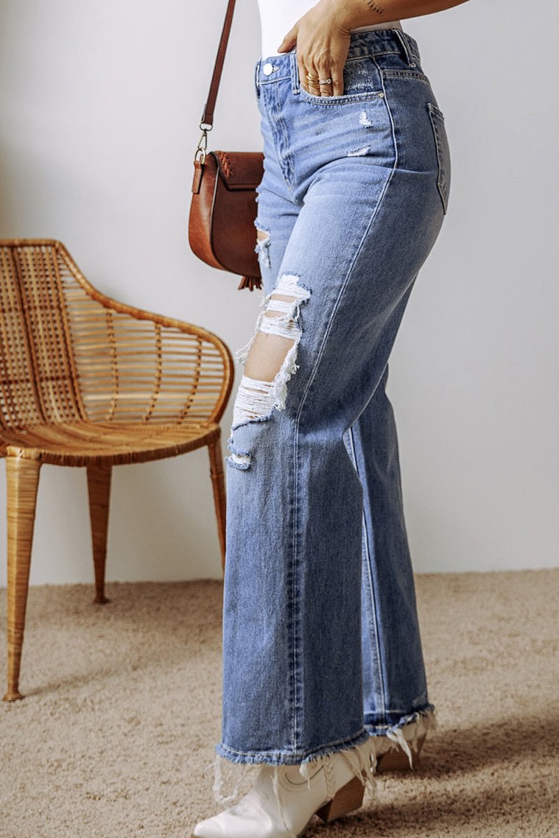 Distressed Straight Leg Jeans with Pockets - Bottoms