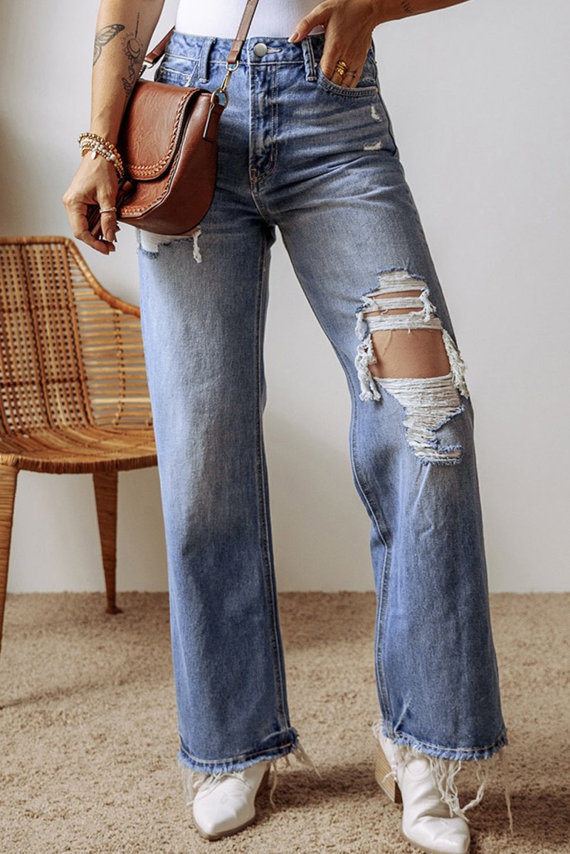 Distressed Straight Leg Jeans with Pockets - Bottoms