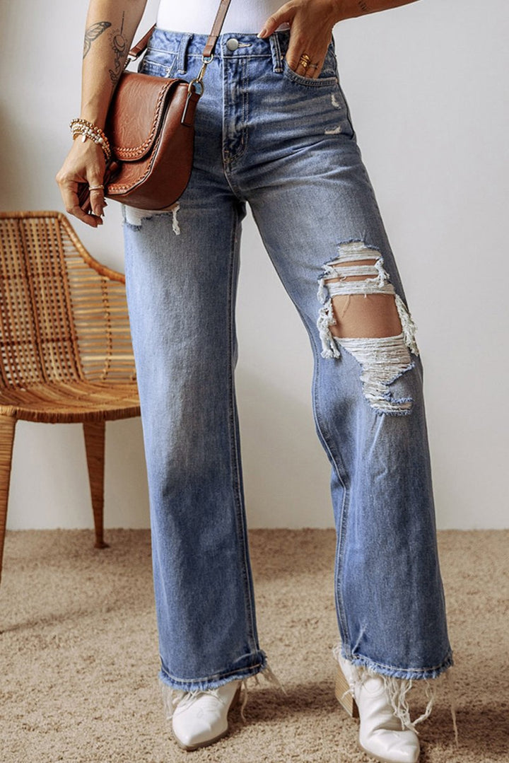 Distressed Straight Leg Jeans with Pockets - Bottoms