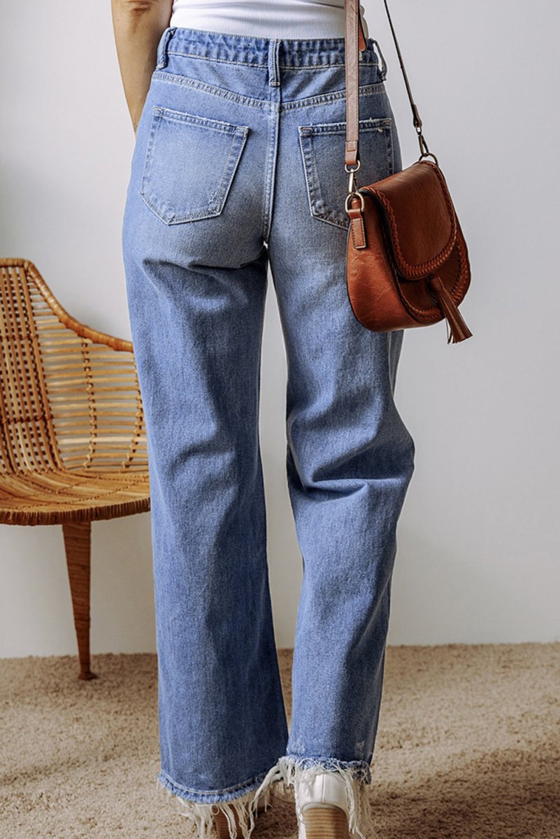 Distressed Straight Leg Jeans with Pockets - Bottoms