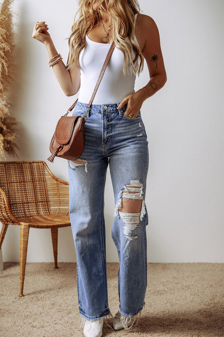 Distressed Straight Leg Jeans with Pockets - Bottoms