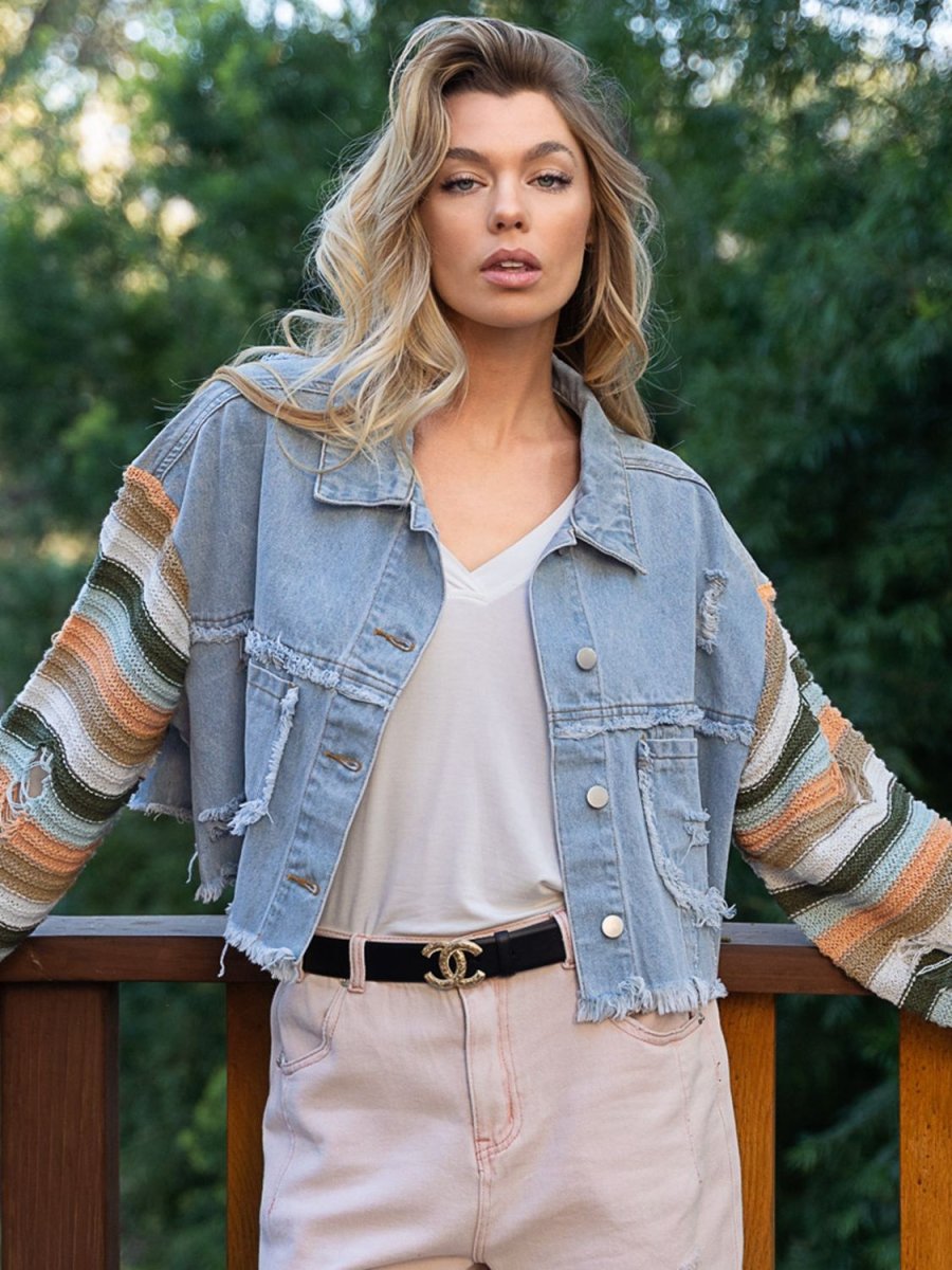 Distressed Striped Long Sleeve Denim Jacket - Outerwear