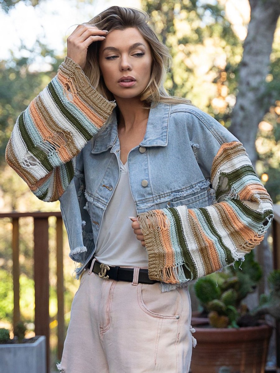 Distressed Striped Long Sleeve Denim Jacket - Outerwear