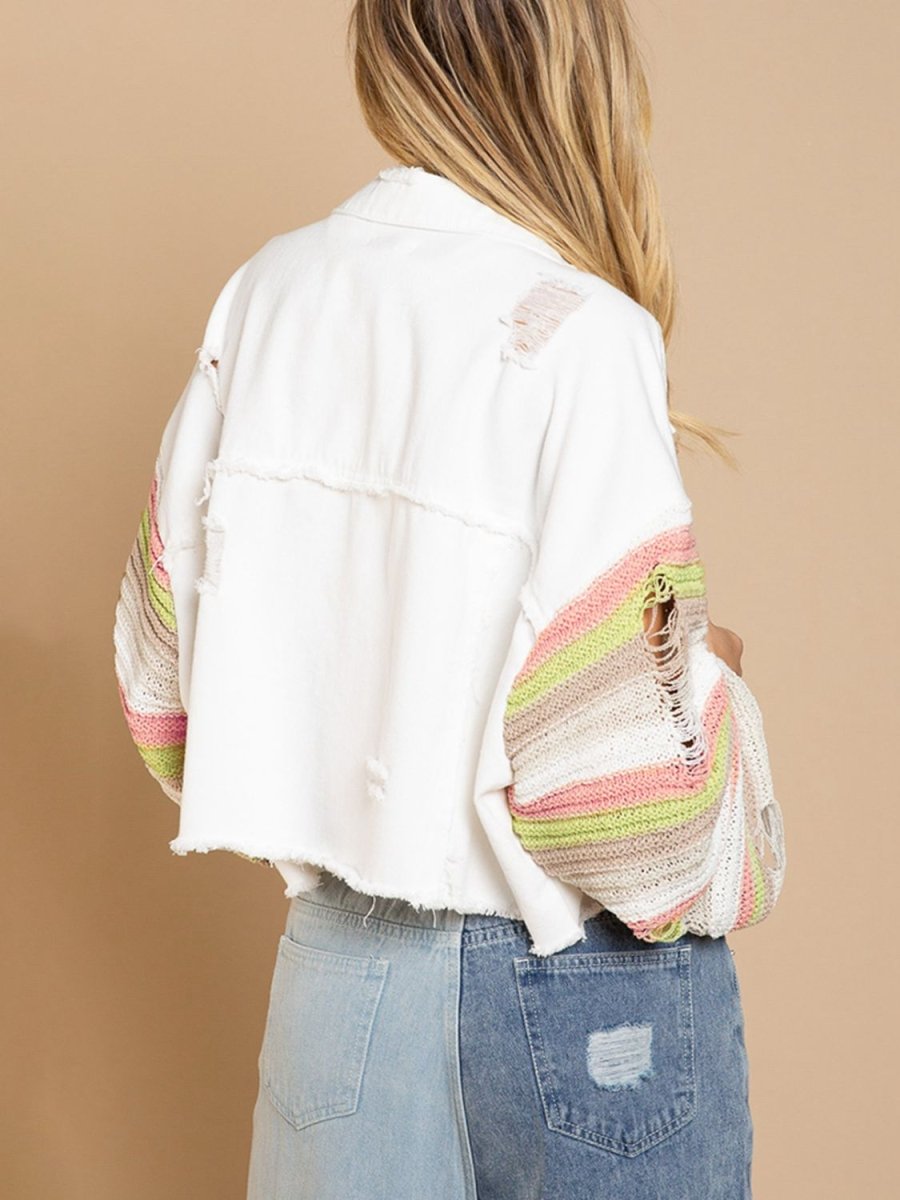 Distressed Striped Long Sleeve Denim Jacket - Outerwear