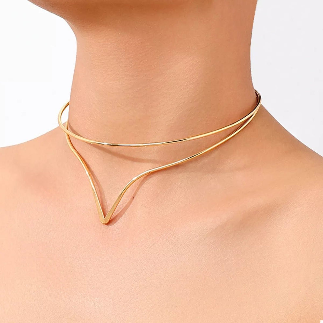Double Layer V - Neck Choker Necklace - 