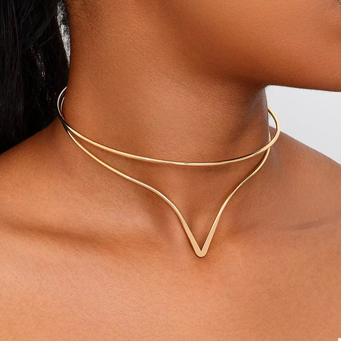 Double Layer V - Neck Choker Necklace - 