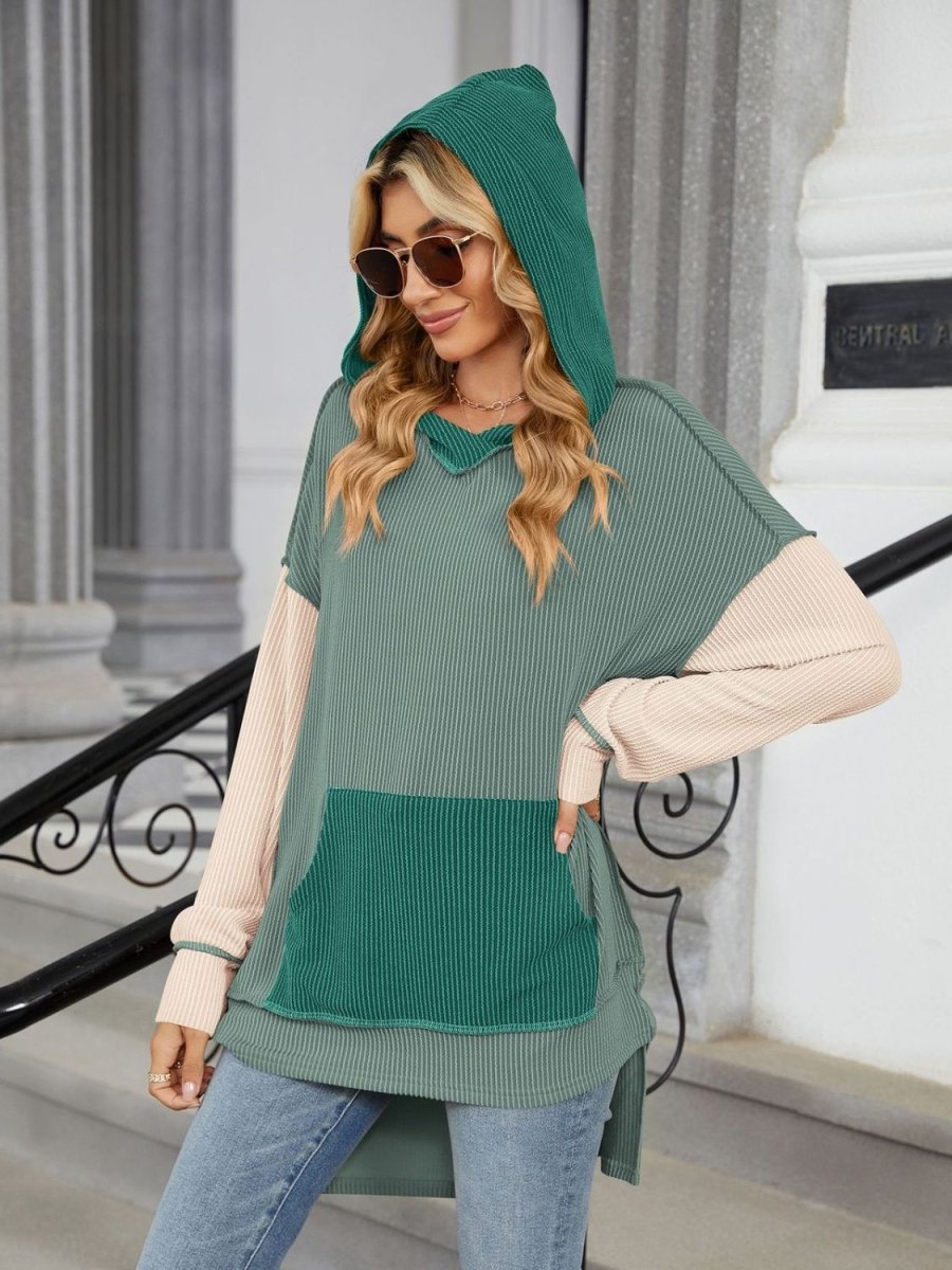 Double Take Contrast Hooded Long Sleeve Top - Top