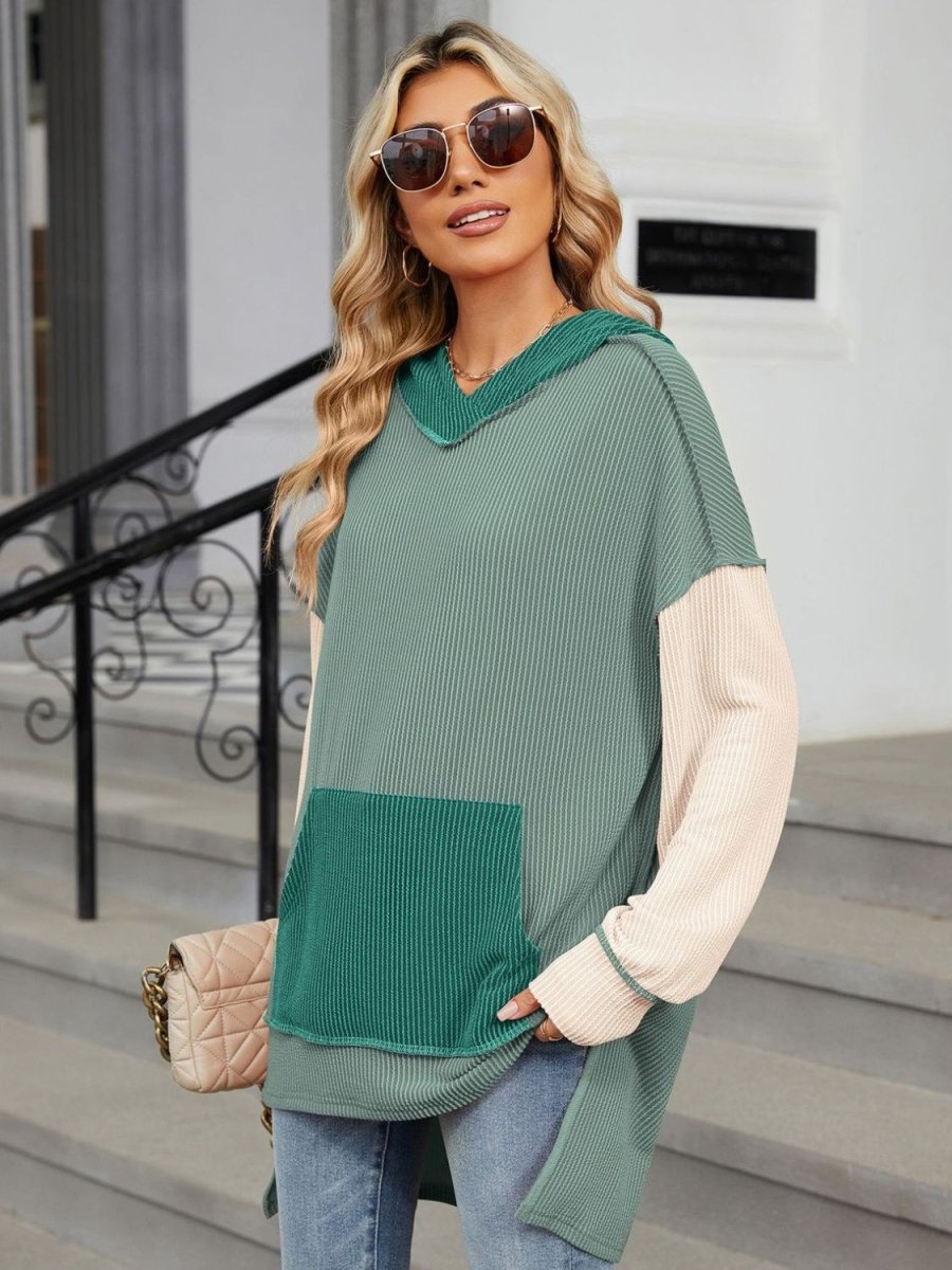 Double Take Contrast Hooded Long Sleeve Top - Top