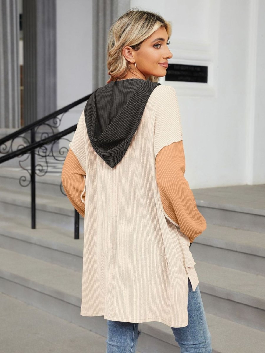 Double Take Contrast Hooded Long Sleeve Top - Top