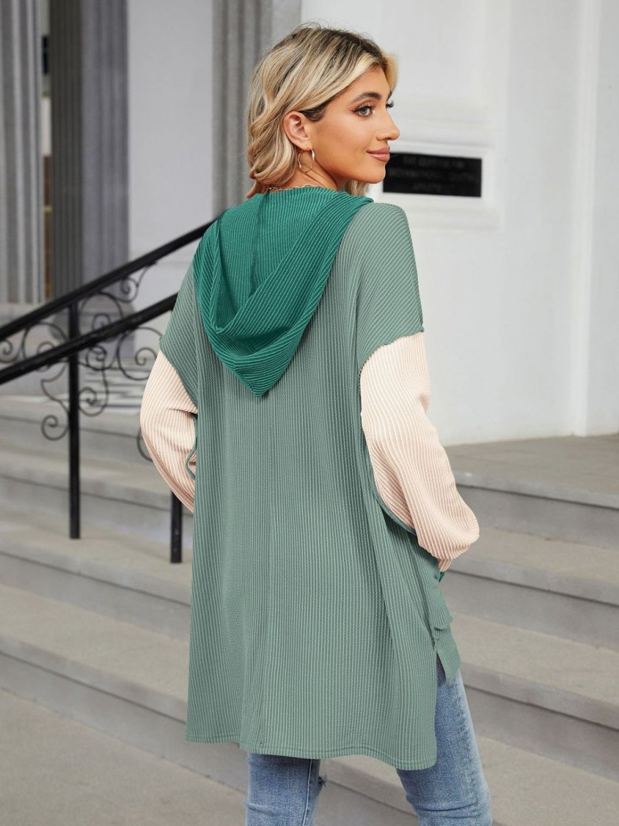 Double Take Contrast Hooded Long Sleeve Top - Top