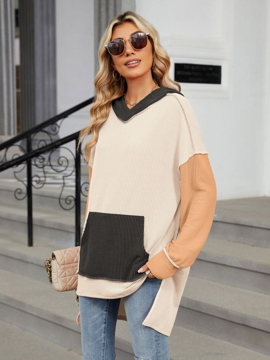 Double Take Contrast Hooded Long Sleeve Top - Top