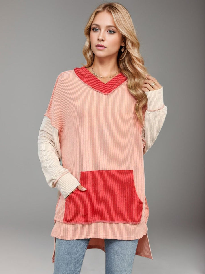 Double Take Contrast Hooded Long Sleeve Top - Top