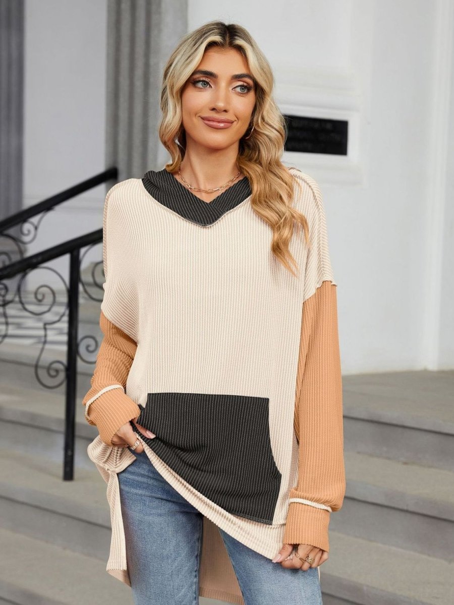 Double Take Contrast Hooded Long Sleeve Top - Top