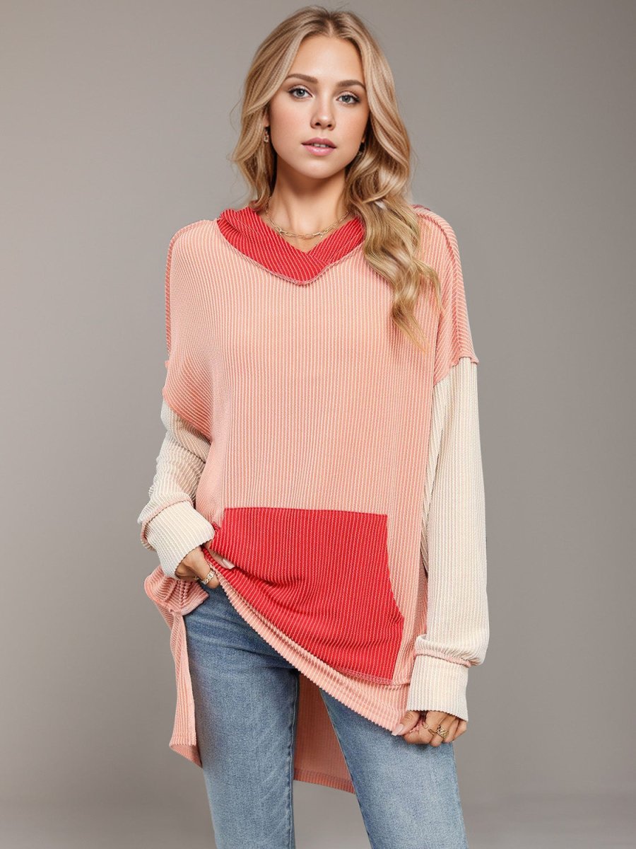 Double Take Contrast Hooded Long Sleeve Top - Top
