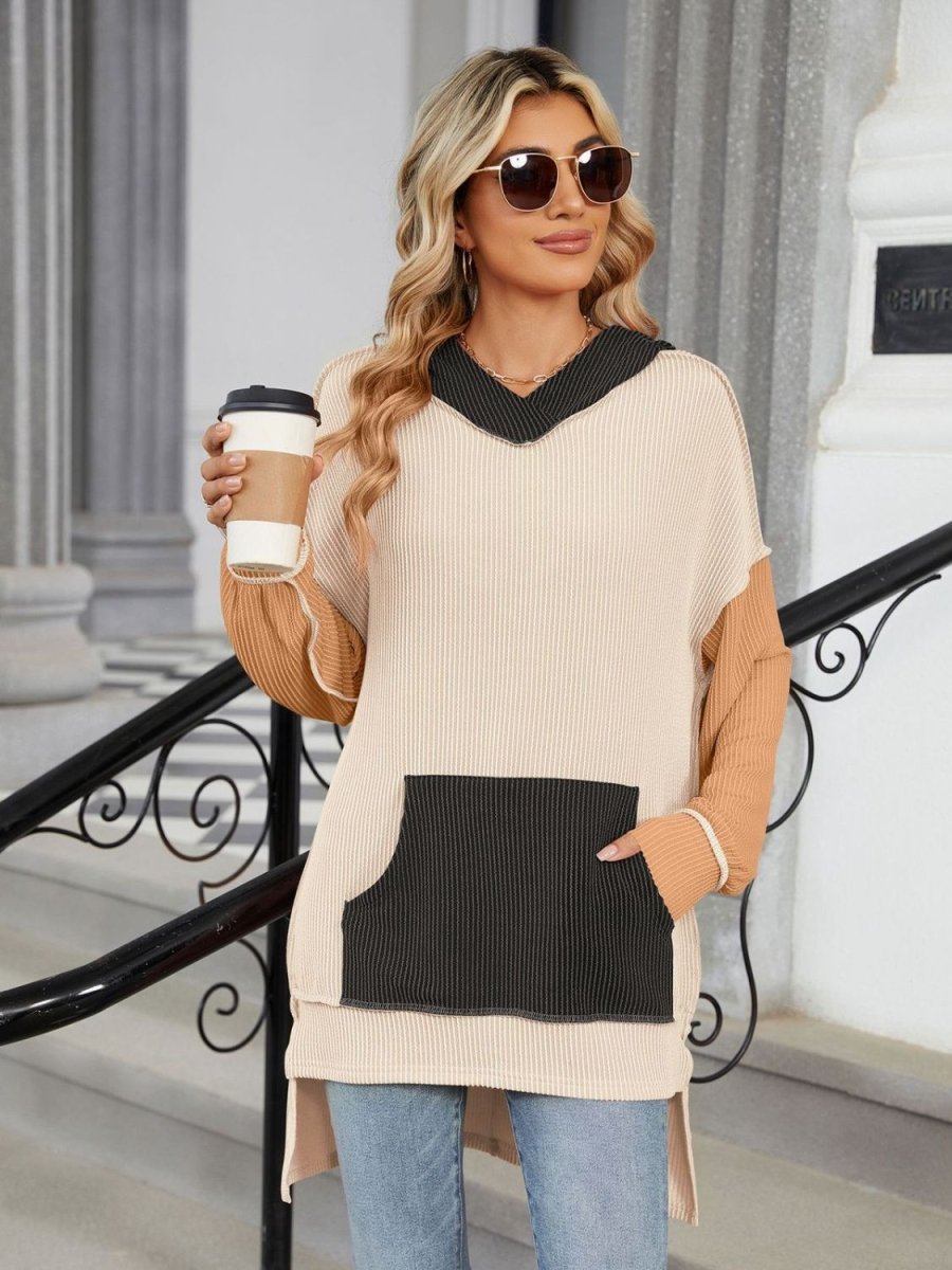 Double Take Contrast Hooded Long Sleeve Top - Top