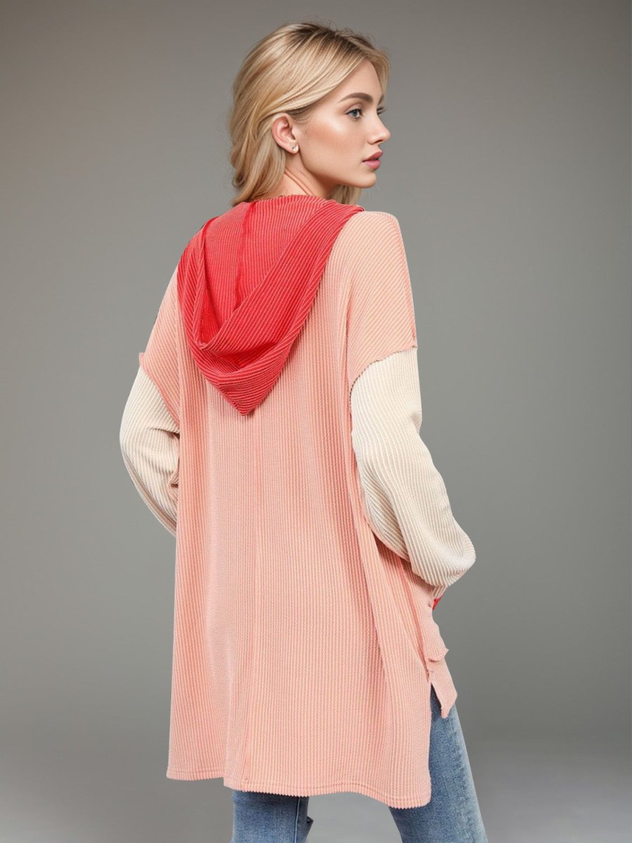 Double Take Contrast Hooded Long Sleeve Top - Top