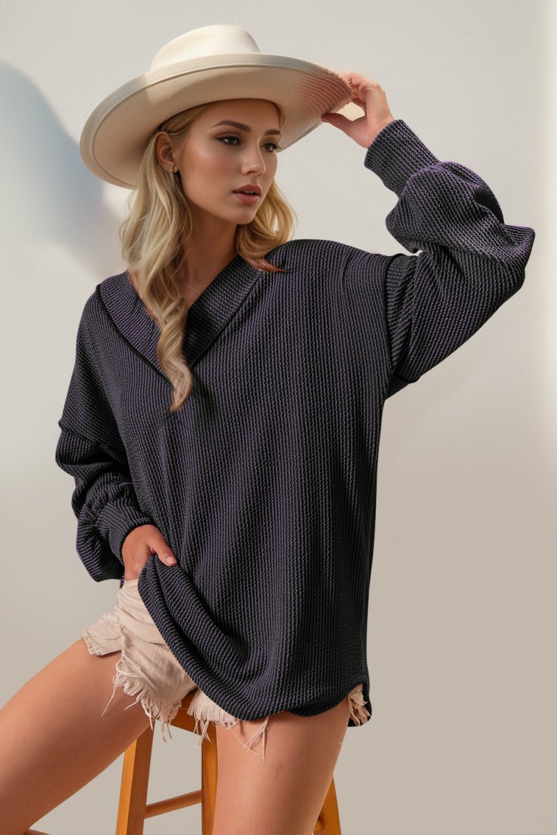 Double Take Exposed Seam Ribbed Textured V - Neck Long Sleeve T-Shirt - Top