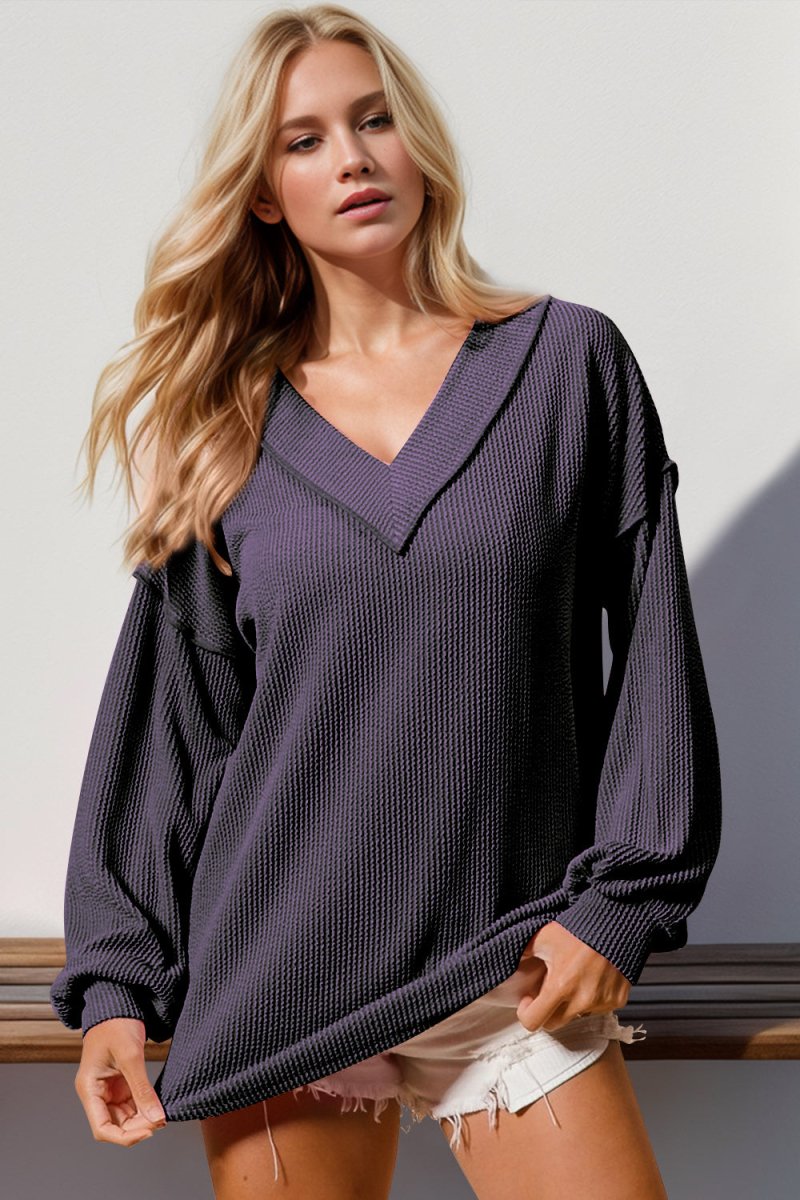 Double Take Exposed Seam Ribbed Textured V - Neck Long Sleeve T-Shirt - Top