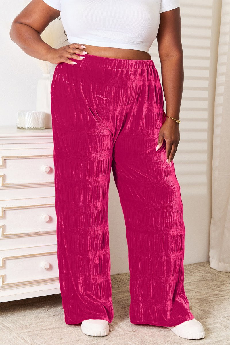 Double Take Full Size High Waist Tiered Shirring Velvet Wide Leg Pants - Bottoms