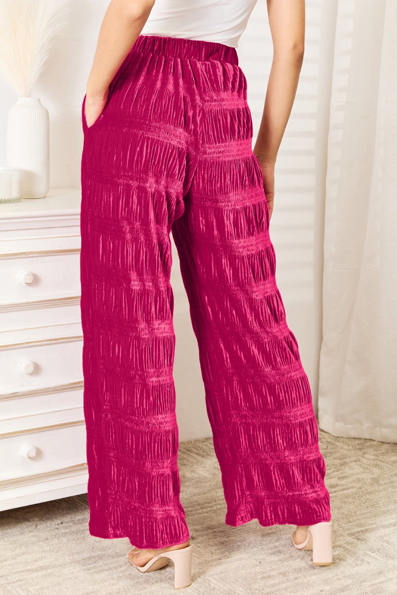Double Take Full Size High Waist Tiered Shirring Velvet Wide Leg Pants - Bottoms