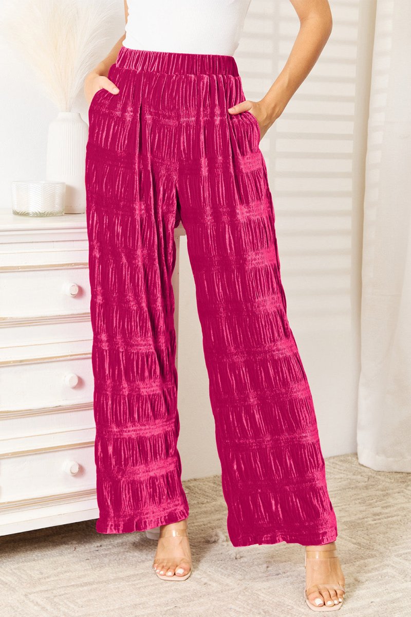Double Take Full Size High Waist Tiered Shirring Velvet Wide Leg Pants - Bottoms