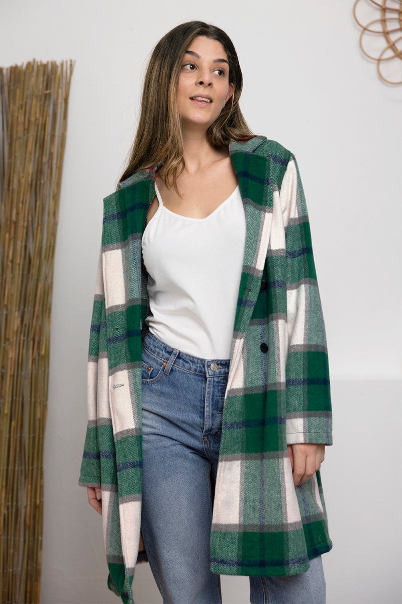 Double Take Full Size Plaid Button Up Lapel Collar Coat - Outerwear