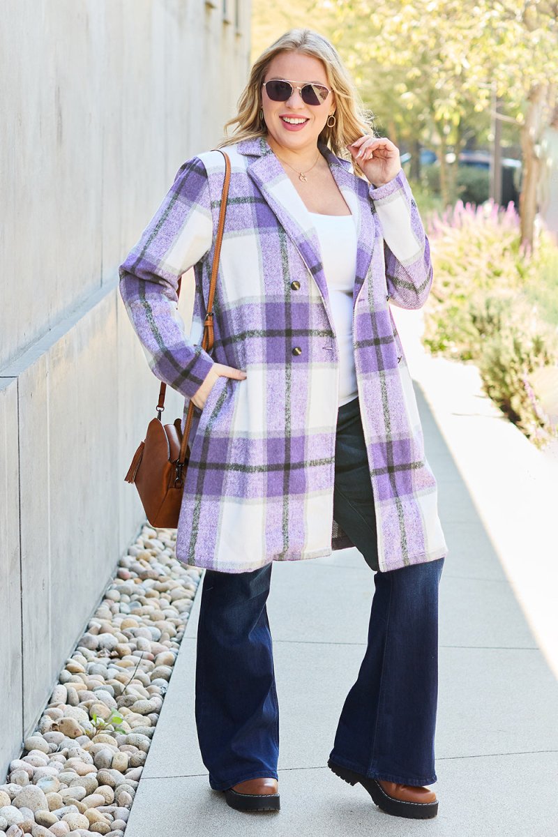 Double Take Full Size Plaid Button Up Lapel Collar Coat - Outerwear