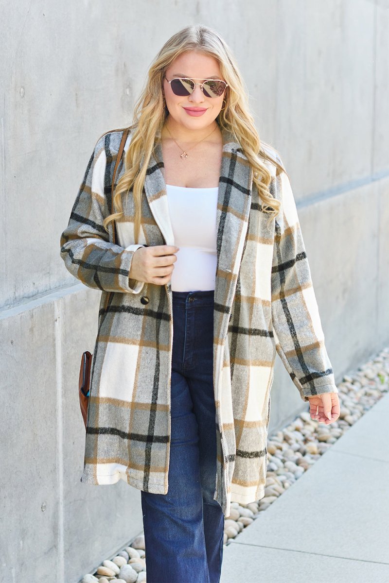 Double Take Full Size Plaid Button Up Lapel Collar Coat - Outerwear
