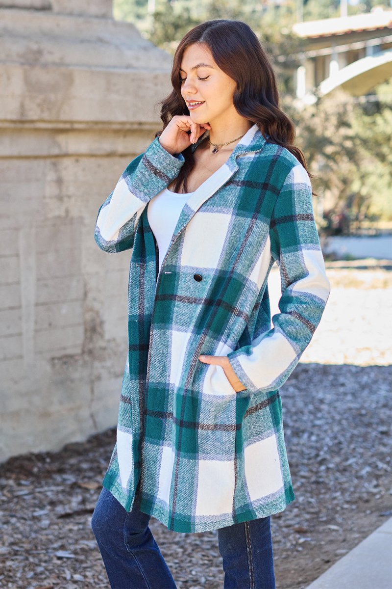 Double Take Full Size Plaid Button Up Lapel Collar Coat - Outerwear